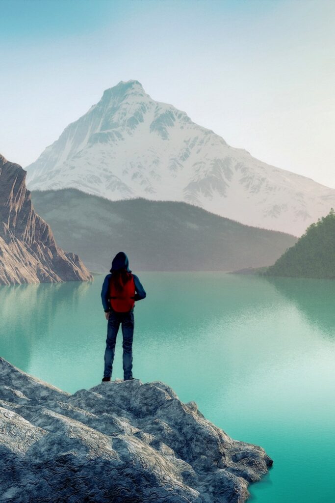 Illustration of a person standing on a rocky outcropping looking at a scenic view