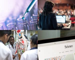 A collage including a pipette in a lab, a speaker at a podium, students with a model skeleton, and a laptop screen showing the masthead of the journal Science