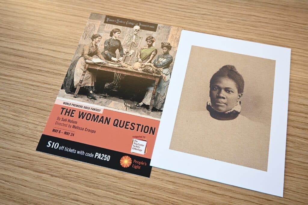'The Woman Question' flyer next to a portrait of Eliza Grier, MD, WMCP 1897